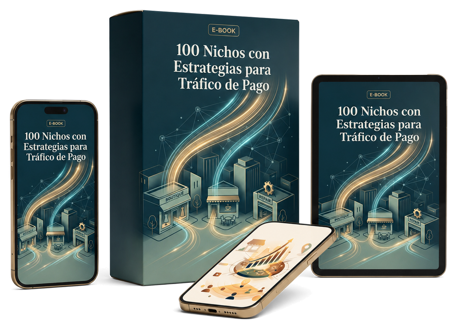 Caja azul petróleo del ebook 100 Nichos con Estrategias para Tráfico de Pago, junto a un móvil y una tablet que muestran la portada y a un segundo móvil con gráficas de resultados